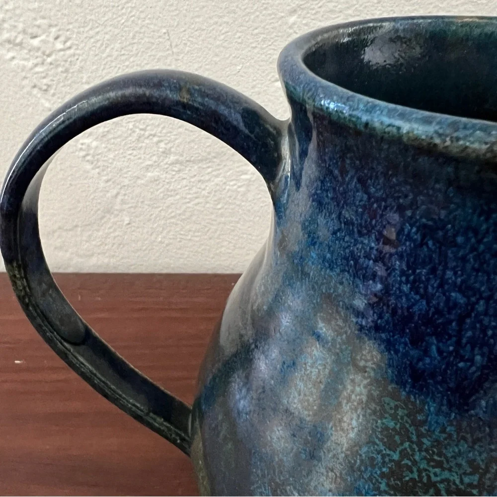 Mid century signed Wabi sabi studio pottery blue green stoneware pitcher vase